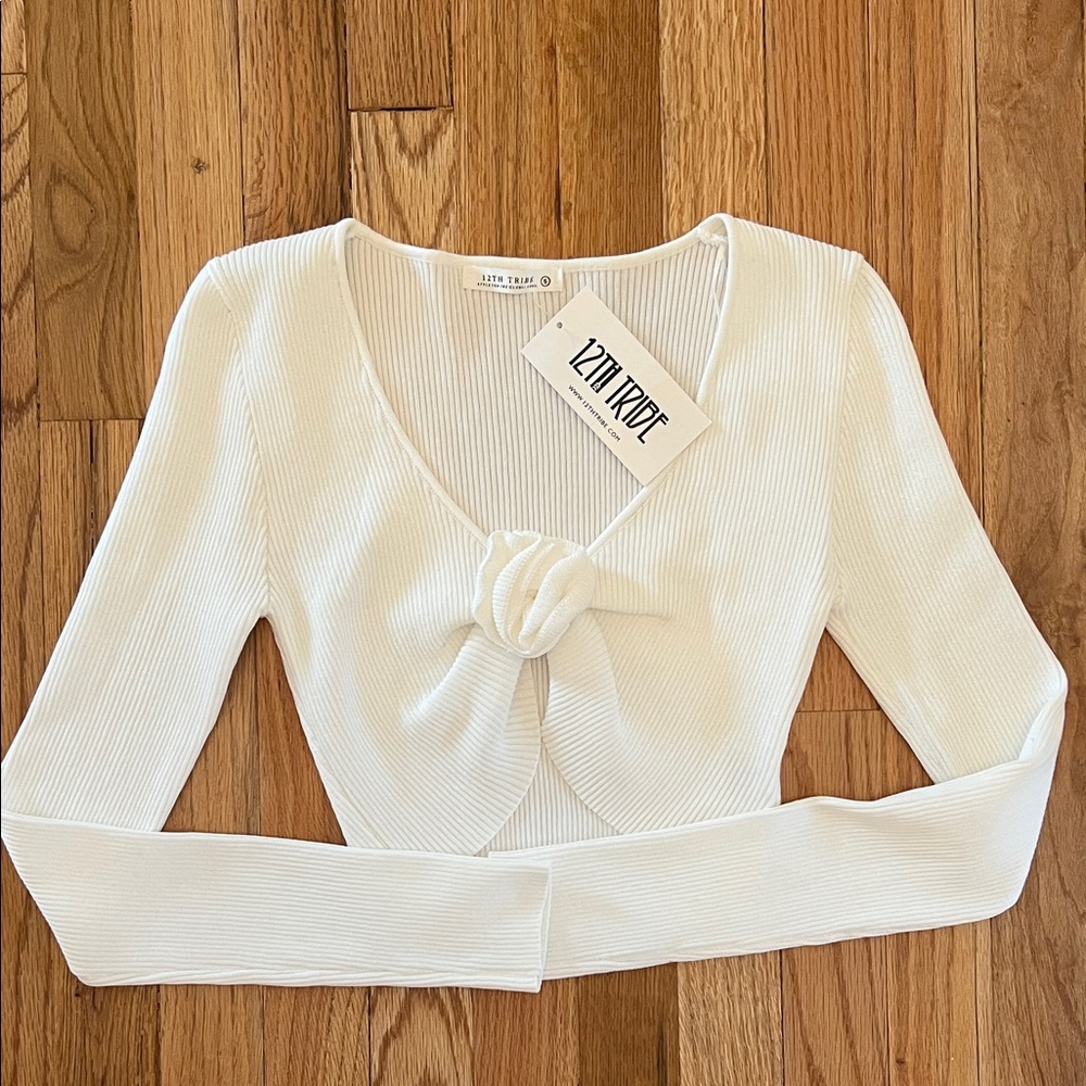 12th Tribe White Ribbed Knot-Front Long Sleeve Sweater